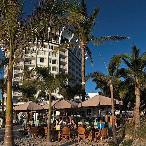 The image shows a beachside restaurant with palm trees and a high-rise building in the background under a clear blue sky.