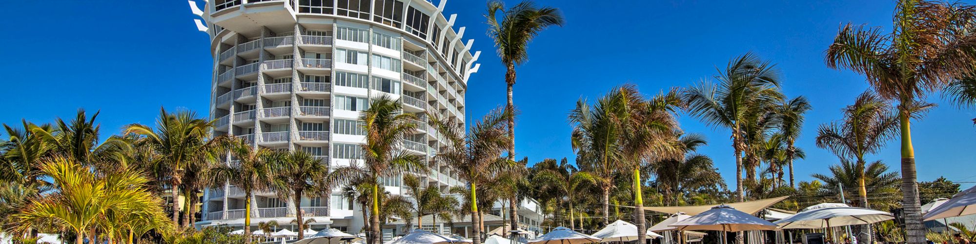 A tall, modern hotel surrounded by palm trees, with beach chairs and umbrellas set up on the sandy beach under a clear blue sky.