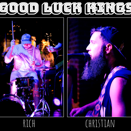 This image features two musicians, Rich on the drums and Christian on vocals, with the band name 