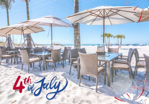 An outdoor beach dining area with umbrellas, palm trees, and the text 