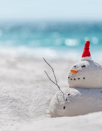 A snowman made of sand, adorned with a red Santa hat, sticks for arms, and an orange carrot nose, is set against a beach background with the ocean.