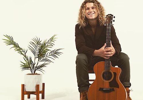 A person with long hair sits on a stool holding an acoustic guitar, with a potted plant next to them, against a plain background.