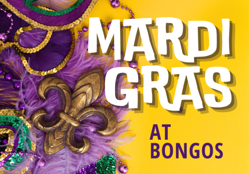 The image features colorful Mardi Gras masks and decorations with the text 