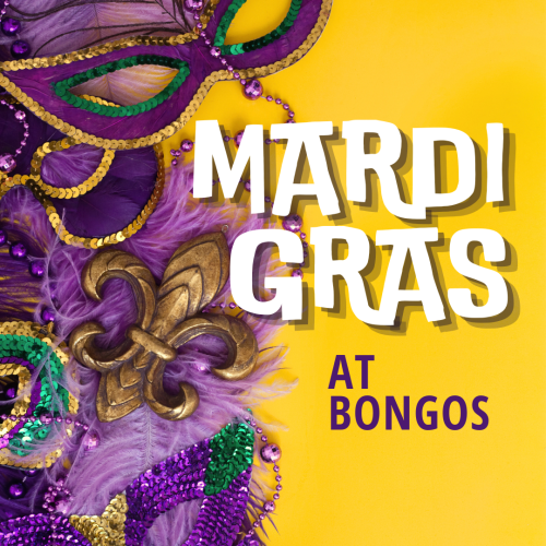 The image features colorful Mardi Gras masks and decorations with the text 