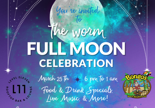 An invitation to the full moon celebration on March 25th from 6 pm to 1 am, featuring food, drinks, live music, and more at Bellwether Beach Resort.