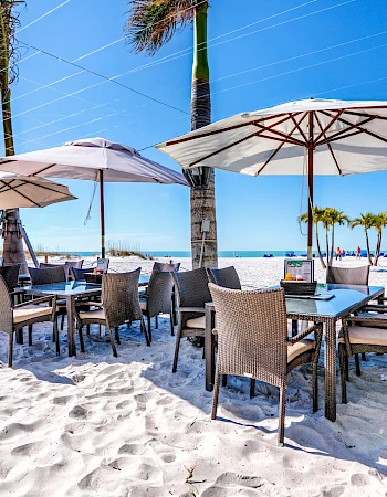 A beachside dining area with tables and chairs under large umbrellas, surrounded by sand and palm trees, overlooking the ocean under a clear sky.