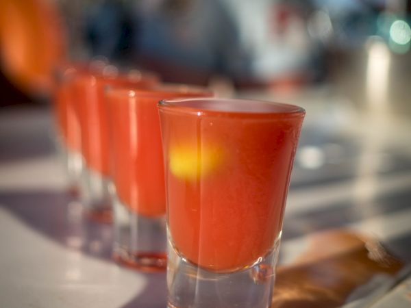 The image shows several small glasses filled with a red-orange liquid, likely a drink, aligned on a table in sunlight.