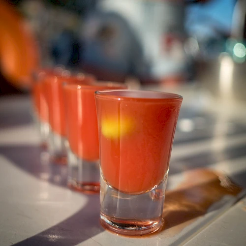 The image shows several shot glasses filled with a red-orange liquid, possibly a cocktail or juice, lined up on a table.